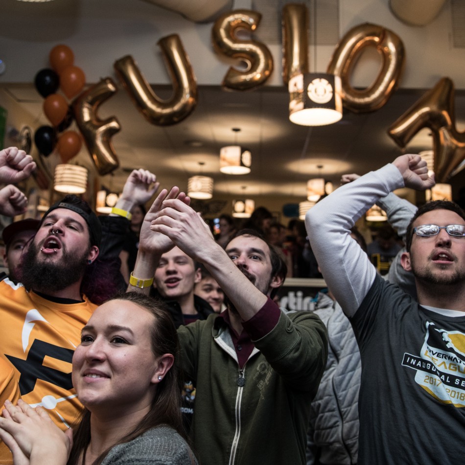 Fans cheering on the Fusion during a match watch party in Philadelphia.